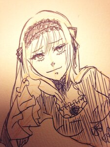 Rating: Safe Score: 0 Tags: 1girl choker closed_mouth hairband image long_sleeves looking_at_viewer monochrome sketch smile solo suigintou traditional_media upper_body User: admin