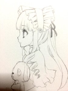 Rating: Safe Score: 0 Tags: 1girl bonnet dress drill_hair hairband image long_hair long_sleeves monochrome profile shinku simple_background solo stuffed_animal traditional_media twin_drills upper_body User: admin