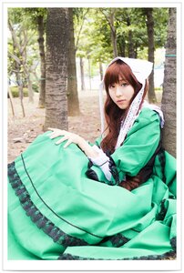 Rating: Safe Score: 0 Tags: 1girl border brown_hair dress green_dress green_eyes hood lips long_hair looking_at_viewer solo suiseiseki white_border User: admin