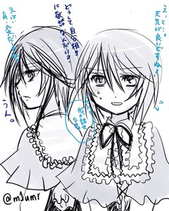 Rating: Safe Score: 0 Tags: 1girl auto_tagged blush flying_sweatdrops frills hair_between_eyes image looking_at_viewer m1umr monochrome short_hair solo souseiseki twitter_username upper_body white_background User: admin