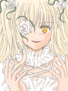 Rating: Safe Score: 0 Tags: 1girl bangs blonde_hair eyepatch flower hair_flower hair_ornament hands image kirakishou long_hair looking_at_viewer rose smile solo thorns upper_body white_flower white_rose yellow_eyes yellow_rose User: admin