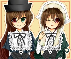 Rating: Safe Score: 0 Tags: 2girls brown_hair dress frills green_dress hat head_scarf image long_hair long_sleeves looking_at_viewer multiple_girls one_eye_closed open_mouth pair red_eyes short_hair siblings sisters smile souseiseki suiseiseki twins User: admin