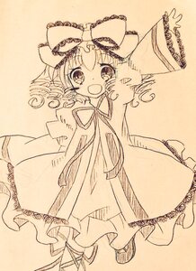 Rating: Safe Score: 0 Tags: 1girl auto_tagged blush bow dress drill_hair eyebrows_visible_through_hair full_body hinaichigo image long_sleeves looking_at_viewer monochrome open_mouth smile solo traditional_media twin_drills yorigami_jo'on User: admin