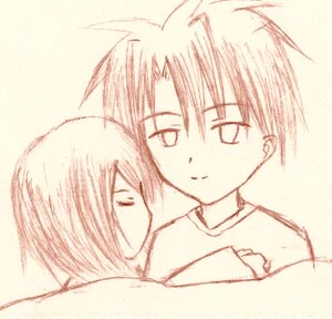 Rating: Safe Score: 0 Tags: 1boy bangs close-up closed_eyes human image kashiwaba_tomoe monochrome pair sakurada_jun sepia simple_background smile upper_body User: admin