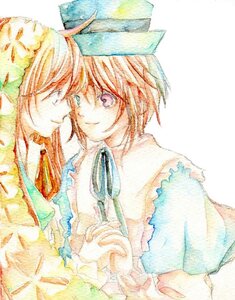 Rating: Safe Score: 0 Tags: 2girls dress hat image multiple_girls pair short_hair siblings sisters smile souseiseki suiseiseki traditional_media twins watercolor_(medium) User: admin