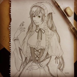 Rating: Safe Score: 0 Tags: 1girl dated dress frills green_eyes heterochromia image long_hair long_sleeves monochrome photo red_eyes signature smile solo suiseiseki traditional_media User: admin