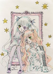 Rating: Safe Score: 0 Tags: 2girls barasuishou blonde_hair boots cross cross_necklace dress flower frills green_eyes hair_ornament image kirakishou latin_cross long_hair multiple_girls pair sitting star_(symbol) star_hair_ornament star_necklace star_print starfish starry_background striped striped_legwear thigh_boots thighhighs traditional_media twintails vertical-striped_legwear vertical_stripes very_long_hair yellow_eyes User: admin