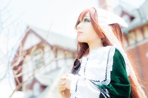 Rating: Safe Score: 0 Tags: 1girl blurry blurry_background blurry_foreground brown_hair depth_of_field dress green_dress green_eyes lips long_hair long_sleeves own_hands_together pink_hair profile solo suiseiseki upper_body User: admin