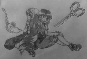 Rating: Safe Score: 0 Tags: 2girls asymmetrical_wings back-to-back dress greyscale houjuu_nue image karakasa_obake long_sleeves monochrome multiple_girls pair polearm short_hair sitting smile souseiseki suiseiseki tatara_kogasa traditional_media trident wings User: admin