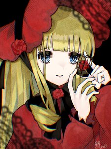 Rating: Safe Score: 3 Tags: 1girl bangs blonde_hair blue_eyes blunt_bangs bow flower hat image long_hair looking_at_viewer red_flower red_rose rose shinku solo User: admin