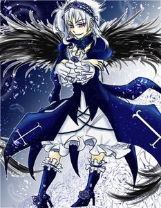 Rating: Safe Score: 0 Tags: 1girl black_wings dress flower frills grin hairband image kneehighs long_hair long_sleeves red_eyes rose silver_hair smile solo suigintou wings User: admin