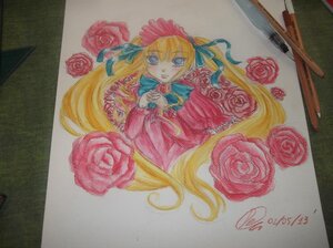 Rating: Safe Score: 0 Tags: 1girl blonde_hair blue_eyes bonnet colored_pencil_(medium) dress flower image long_hair marker_(medium) millipen_(medium) photo pink_flower pink_rose red_flower red_rose rose shikishi shinku signature solo traditional_media twintails very_long_hair watercolor_(medium) User: admin