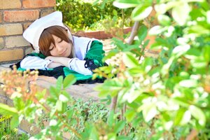 Rating: Safe Score: 0 Tags: 1girl apron blurry blurry_foreground brown_hair closed_eyes depth_of_field dress field grass hat long_sleeves smile solo suiseiseki User: admin