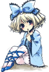 Rating: Safe Score: 0 Tags: 1girl blonde_hair blue_ribbon blush bow dress finger_to_mouth hinaichigo image leg_ribbon long_sleeves purple_eyes ribbon shoes short_hair sitting solo tears underwear User: admin