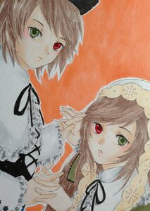 Rating: Safe Score: 0 Tags: 2girls black_ribbon brown_hair green_eyes hat head_scarf heterochromia holding_hands image interlocked_fingers long_hair long_sleeves looking_at_viewer multiple_girls pair red_eyes ribbon short_hair siblings sisters souseiseki suiseiseki traditional_media twins User: admin