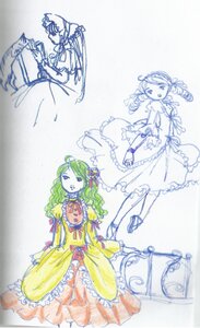 Rating: Safe Score: 0 Tags: 1girl bow dress frills green_hair image kanaria long_hair long_sleeves multiple ribbon standing tagme traditional_media wide_sleeves yellow_dress User: admin