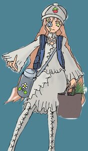 Rating: Safe Score: 0 Tags: 1girl bag blonde_hair blue_background boots cross-laced_footwear dress eyepatch flower green_eyes hat image kirakishou long_hair simple_background solo User: admin