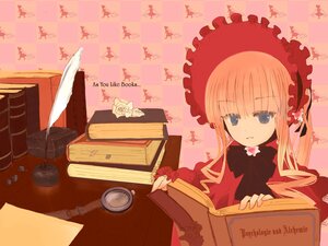 Rating: Safe Score: 0 Tags: 1girl bangs blonde_hair blue_eyes bonnet book bow checkered checkered_background checkered_floor dress image long_hair long_sleeves open_book rozen_maiden shinku solo teacup User: admin