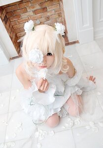 Rating: Safe Score: 0 Tags: 1girl bare_shoulders brick_wall dress flower from_above hair_ornament hair_over_one_eye kirakishou kneeling lips looking_up solo tile_floor tiles white_dress white_flower white_hair User: admin