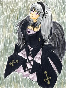 Rating: Safe Score: 0 Tags: 1girl black_dress black_ribbon black_wings detached_collar dress flower frilled_sleeves frills hairband image long_hair long_sleeves outdoors purple_eyes ribbon silver_hair solo standing suigintou wading water wings User: admin