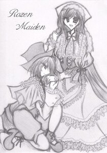 Rating: Safe Score: 0 Tags: 2girls :d dress frills greyscale hat image long_hair long_sleeves looking_at_viewer monochrome multiple_girls open_mouth pair siblings sisters smile souseiseki standing suiseiseki very_long_hair wings User: admin