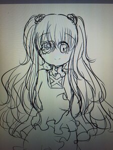 Rating: Safe Score: 0 Tags: 1girl closed_mouth cowboy_shot eyebrows_visible_through_hair greyscale hair_between_eyes hair_ornament hair_scrunchie image kirakishou long_hair long_sleeves looking_at_viewer monochrome scrunchie skirt smile solo traditional_media User: admin