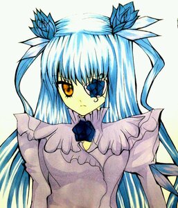 Rating: Safe Score: 0 Tags: 1girl barasuishou blue_flower blue_hair dress flower frills frown hair_ornament image long_hair marker_(medium) rose simple_background solo tears traditional_media User: admin