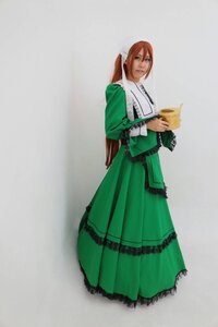 Rating: Safe Score: 0 Tags: 1girl book brown_hair dress full_body green_dress green_eyes hood lips solo standing suiseiseki User: admin