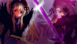 Rating: Safe Score: 0 Tags: 2girls barasuishou blonde_hair dress flower frills hairband image long_hair long_sleeves multiple_girls pair red_eyes ribbon rose suigintou weapon wings User: admin