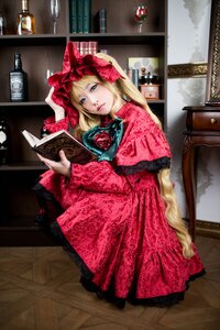 Rating: Safe Score: 0 Tags: 1girl blonde_hair blue_eyes bottle bow dress flower indoors lips long_hair painting_(object) red_dress rose shinku solo wooden_floor User: admin