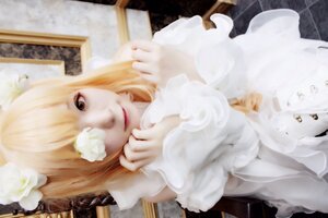 Rating: Safe Score: 0 Tags: 1girl blonde_hair blurry dress flower hair_flower hair_ornament indoors kirakishou lips photo realistic sitting solo white_dress white_flower white_rose User: admin