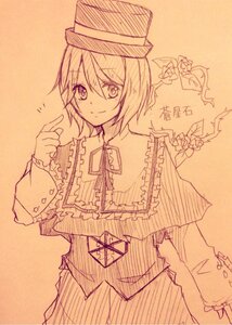 Rating: Safe Score: 0 Tags: 1girl blush capelet eyebrows_visible_through_hair hair_between_eyes hat image long_sleeves looking_at_viewer monochrome short_hair skirt smile solo souseiseki traditional_media User: admin