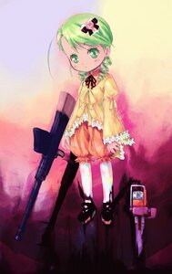 Rating: Safe Score: 0 Tags: 1girl bloomers dress frills full_body green_eyes green_hair gun hair_ornament image kanaria long_sleeves pantyhose rifle solo standing weapon User: admin