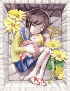 Rating: Safe Score: 0 Tags: 1girl brown_hair closed_eyes doll flower hinaichigo image school_uniform short_hair solo sunflower white_legwear yellow_flower User: admin