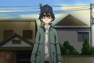 Rating: Safe Score: 0 Tags: 1girl androgynous black_eyes black_hair building coat cowboy_shot door glasses hat house human messy_hair open_clothes power_lines sakurada_jun screenshot short_hair solo standing User: admin