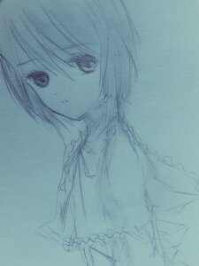Rating: Safe Score: 0 Tags: 1girl blue_theme closed_mouth eyebrows_visible_through_hair frills hariruri image looking_at_viewer monochrome no_hat no_headwear short_hair solo souseiseki traditional_media upper_body User: admin