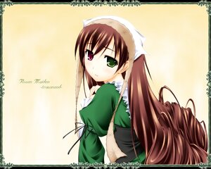 Rating: Safe Score: 0 Tags: 1girl brown_hair dress drill_hair green_dress green_eyes head_scarf heterochromia image long_hair long_sleeves looking_at_viewer looking_back red_eyes solo suiseiseki very_long_hair yellow_background User: admin