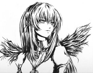 Rating: Safe Score: 0 Tags: 1girl bare_shoulders closed_mouth greyscale hairband image long_hair monochrome simple_background solo suigintou upper_body white_background User: admin