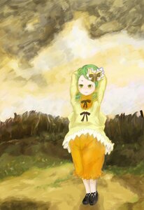 Rating: Safe Score: 0 Tags: 1girl green_eyes green_hair hair_ornament image kanaria long_sleeves short_hair sky smile solo User: admin