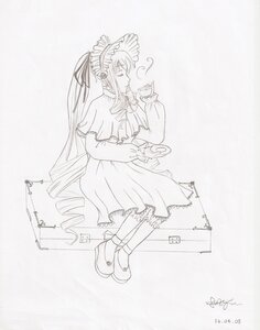 Rating: Safe Score: 0 Tags: 1girl bonnet cup dated dress drill_hair frills full_body image long_hair long_sleeves monochrome shinku sitting solo tea teacup twintails very_long_hair User: admin