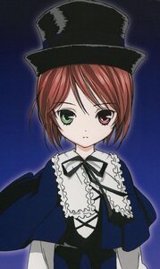 Rating: Safe Score: 0 Tags: 1girl black_headwear blue_background brown_hair dress expressionless green_eyes hat heterochromia image long_sleeves looking_at_viewer red_eyes ribbon short_hair simple_background solo souseiseki upper_body User: admin