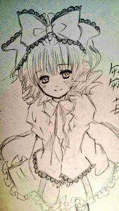 Rating: Safe Score: 0 Tags: 1girl bow dress frills hair_bow hinaichigo image long_sleeves looking_at_viewer monochrome short_hair smile solo traditional_media User: admin