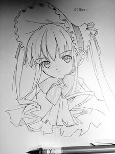 Rating: Safe Score: 0 Tags: 1girl bangs bow bowtie closed_mouth dress eyebrows_visible_through_hair frills greyscale image long_hair looking_at_viewer monochrome photo shinku smile solo traditional_media twintails umbrella User: admin