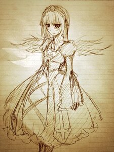 Rating: Safe Score: 0 Tags: 1girl blush dress flower frills full_body hairband image long_hair long_sleeves looking_at_viewer monochrome rose solo standing suigintou traditional_media very_long_hair wings User: admin