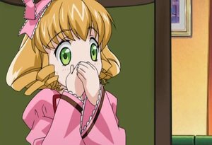 Rating: Safe Score: 0 Tags: 1girl blonde_hair bow covering_mouth drill_hair frills green_eyes hand_over_own_mouth hina_ichigo hinaichigo image long_sleeves pink_bow short_hair solo upper_body User: admin