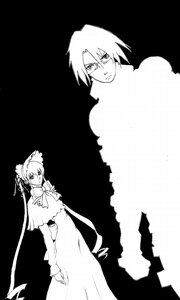 Rating: Safe Score: 0 Tags: 1boy 1girl dress glasses greyscale image long_hair monochrome morichika_rinnosuke shinku short_hair solo standing very_long_hair User: admin