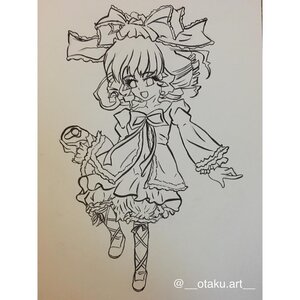 Rating: Safe Score: 0 Tags: 1girl bloomers bow dress drill_hair frills full_body greyscale hair_bow hakurei_reimu hinaichigo image long_sleeves monochrome open_mouth smile solo traditional_media wide_sleeves User: admin