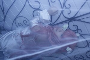 Rating: Safe Score: 0 Tags: 1girl blue_eyes dress flower hair_ornament kirakishou long_hair looking_at_viewer lying megurine_luka pink_hair solo User: admin