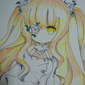 Rating: Safe Score: 0 Tags: 1girl bangs blonde_hair dress expressionless flower hair_flower hair_ornament image kirakishou leaf long_hair looking_at_viewer no_nose plant rose solo thorns traditional_media upper_body very_long_hair white_flower white_rose User: admin