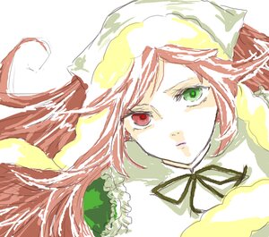Rating: Safe Score: 0 Tags: 1girl dress green_eyes hat head_scarf heterochromia image long_hair long_sleeves looking_at_viewer red_eyes ribbon simple_background solo suiseiseki white_background User: admin